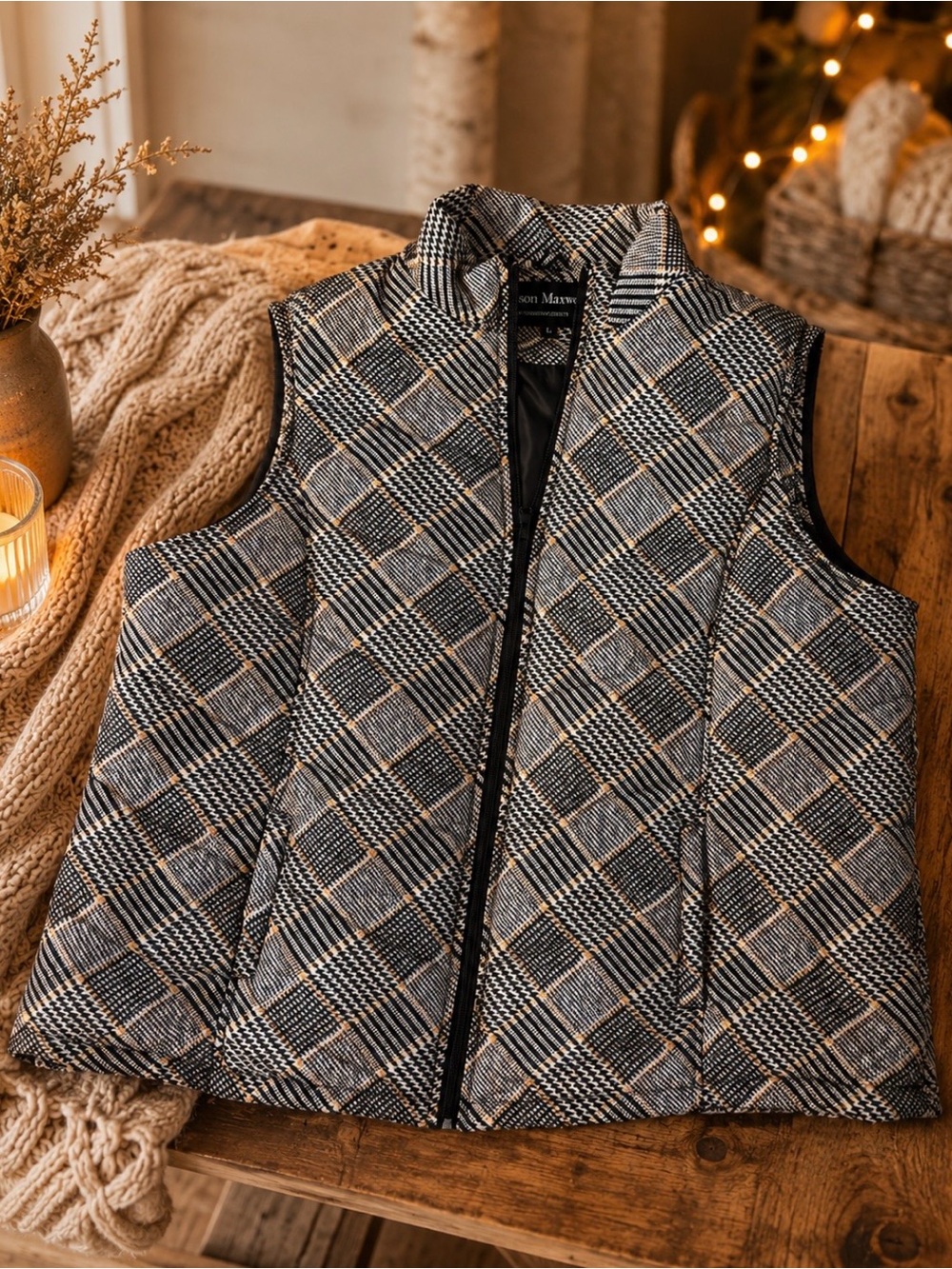 jason maxwell Black, White & Tan Plaid Quilted Vest with Stand Collar
